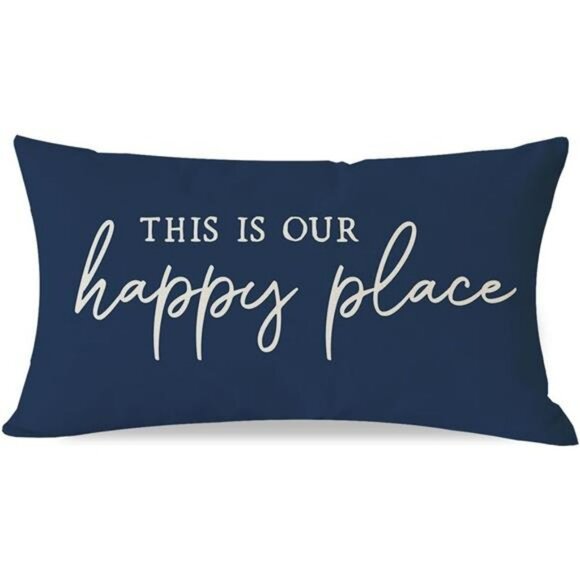 Happy Place Pillow Cover 12x20 Blue Farmhouse Lumbar Cushion Case for Couch Sofa - Picture 1 of 8